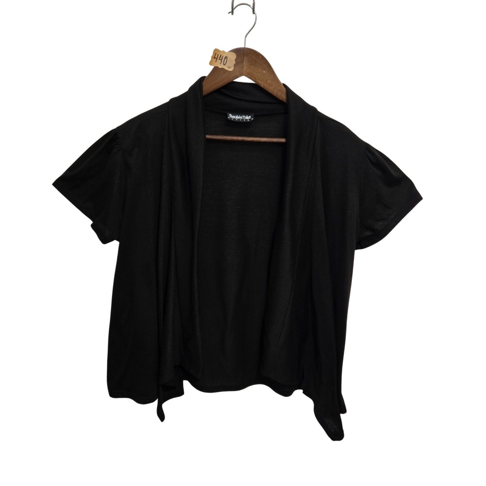 Vintage 90s‎ Double Take Petites Black Short Sleeve Open Front Cardigan Shrug